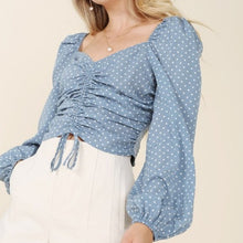Load image into Gallery viewer, Ruched polka dot crop top with puff sleeves
